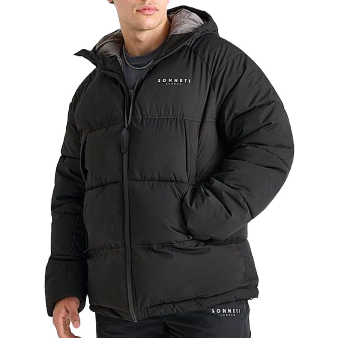 The Sonneti Tucson Full-Zip Jacket is a black, padded jacket with a hood and two pockets. It features the Sonneti logo on the chest, offering a warm and stylish option for colder weather.