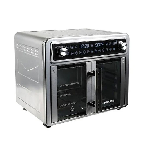 Kalorik Dual-Zone Air Fryer Oven with a sleek stainless steel design features a digital control panel, double French doors, and various cooking settings for versatile use.