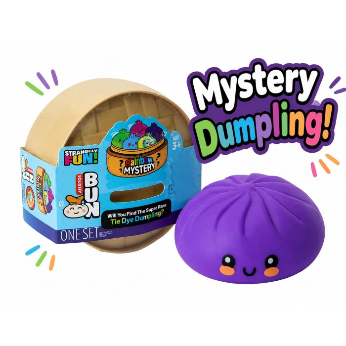 Mystery Dumpling toy set featuring a purple dumpling with a cute face, housed in a container resembling a bamboo steamer. Includes a chance to find a super rare Tie Dye Dumpling. Suitable for ages 3 and up.