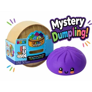 Mystery Dumpling toy set featuring a purple dumpling with a cute face, housed in a container resembling a bamboo steamer. Includes a chance to find a super rare Tie Dye Dumpling. Suitable for ages 3 and up.