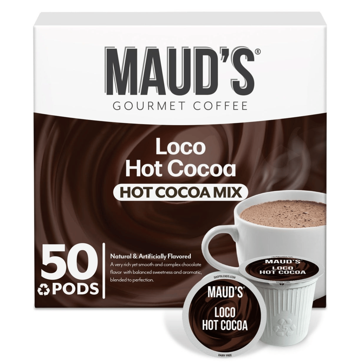 Maud's Gourmet Coffee offers 50 pods of Loco Hot Cocoa Mix, featuring a balanced, complex chocolate flavor that is both natural and artificially flavored, and is dairy-free.