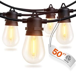 String lights with Edison-style LED bulbs are connected along a 50-foot length of cable, suitable for outdoor or indoor use.