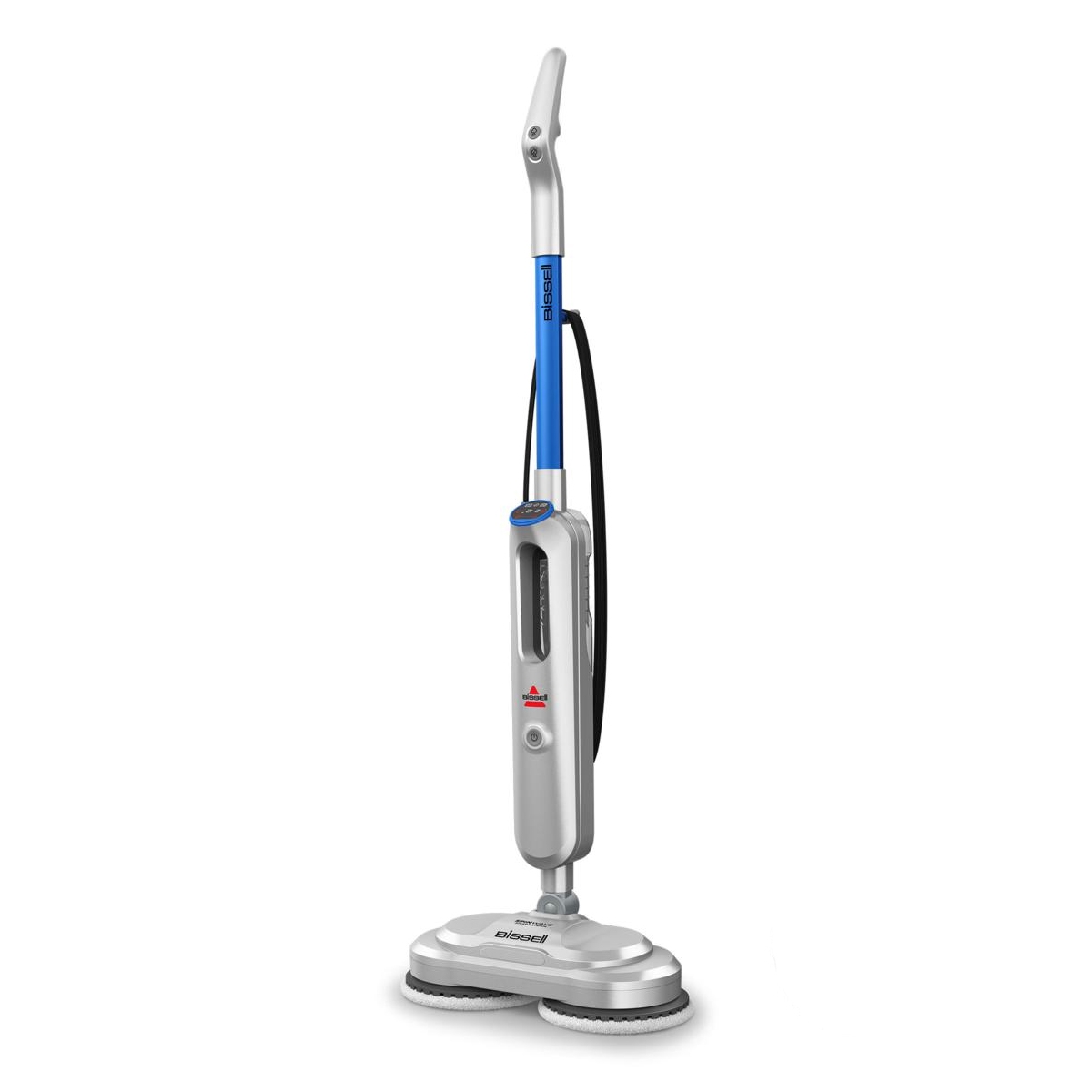 The Bissell SpinWave Power Spin Mop is a floor cleaning device with a long handle and dual rotating mop pads designed for effective scrubbing and polishing of various floor types.