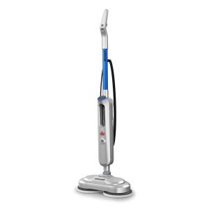 The Bissell SpinWave Power Spin Mop is a floor cleaning device with a long handle and dual rotating mop pads designed for effective scrubbing and polishing of various floor types.