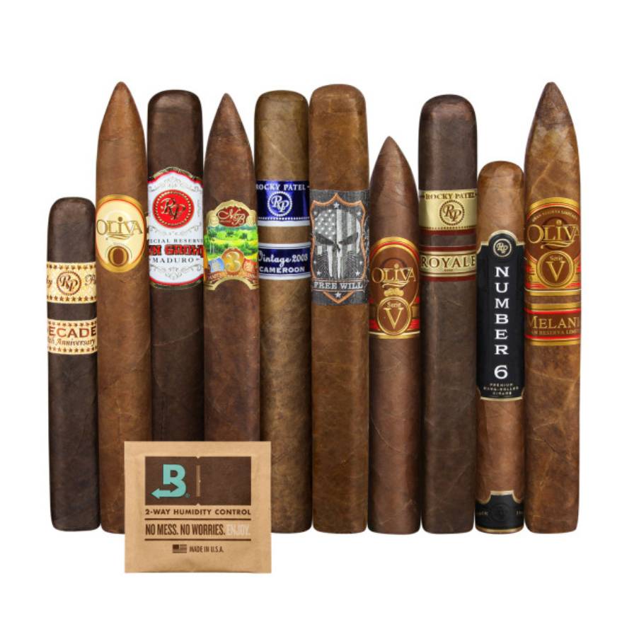 A selection of cigars with various labels, along with a packet labeled 'Boveda 2-Way Humidity Control'.