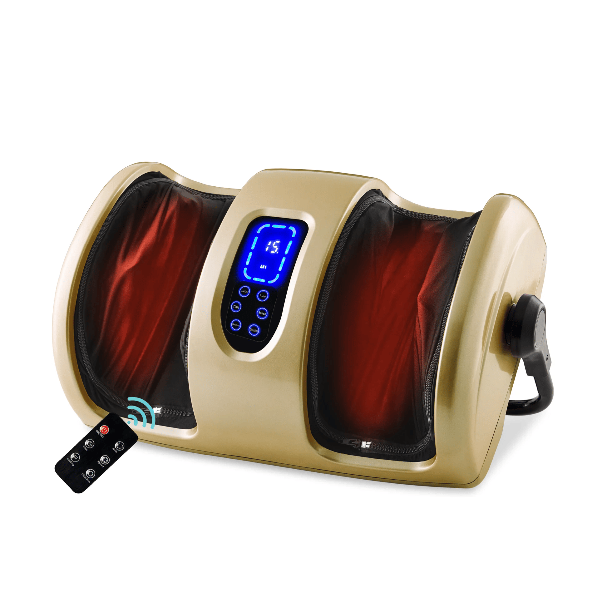 Foot and calf massager with a digital control panel, dual foot compartments, and a remote control, designed to provide massage and heat therapy.