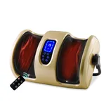 Foot and calf massager with a digital control panel, dual foot compartments, and a remote control, designed to provide massage and heat therapy.