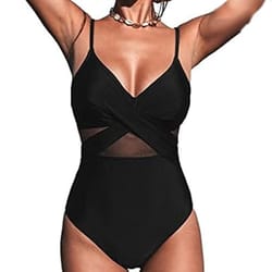 A black one-piece swimsuit with a V-neck and mesh detailing, featuring crisscross straps at the front and thin shoulder straps.