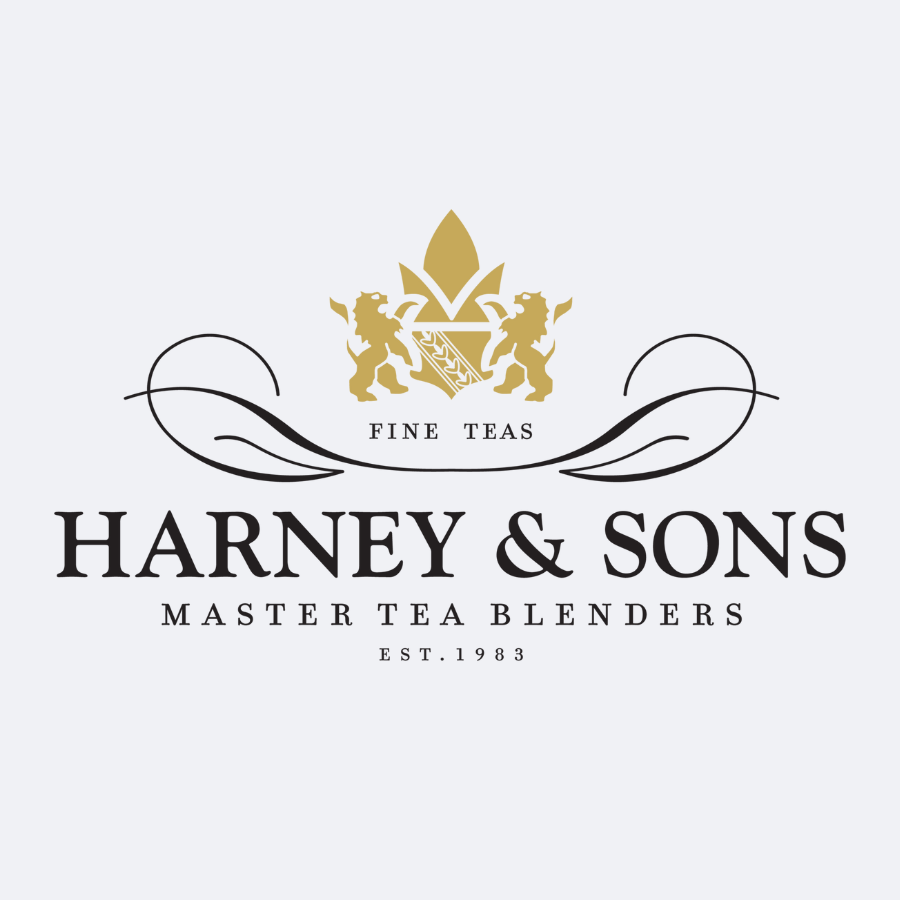 Logo for Harney & Sons, established in 1983, featuring fine teas by master tea blenders. Includes a crown and lions design.
