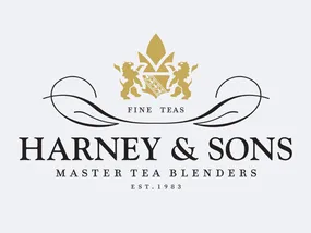 Logo for Harney & Sons, established in 1983, featuring fine teas by master tea blenders. Includes a crown and lions design.