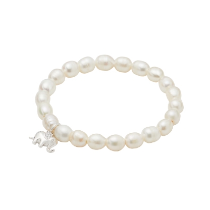 This is a Kate Spade bracelet featuring a string of white pearls and a small silver elephant charm with a tiny crystal.