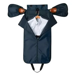 A travel garment bag in dark blue, displayed open with a shirt on a hanger inside, and shoes stowed in side compartments.