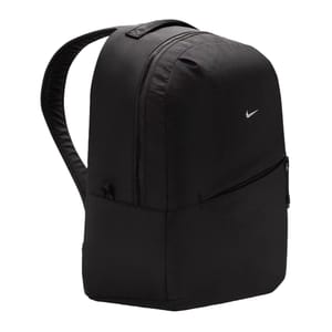 A black Nike backpack with a small white swoosh logo, featuring a large main compartment and a front zippered pocket.