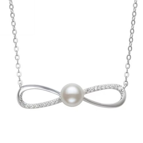 Silver infinity symbol necklace with a pearl center, adorned with small crystals on part of the loops.
