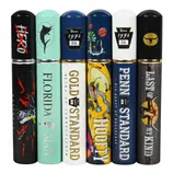 Six decorative cigar tubes with various colorful and artistic designs, each labeled with different names like \“Florida Man,\“ \“Gold Standard,\“ and \“Penn Standard.\“