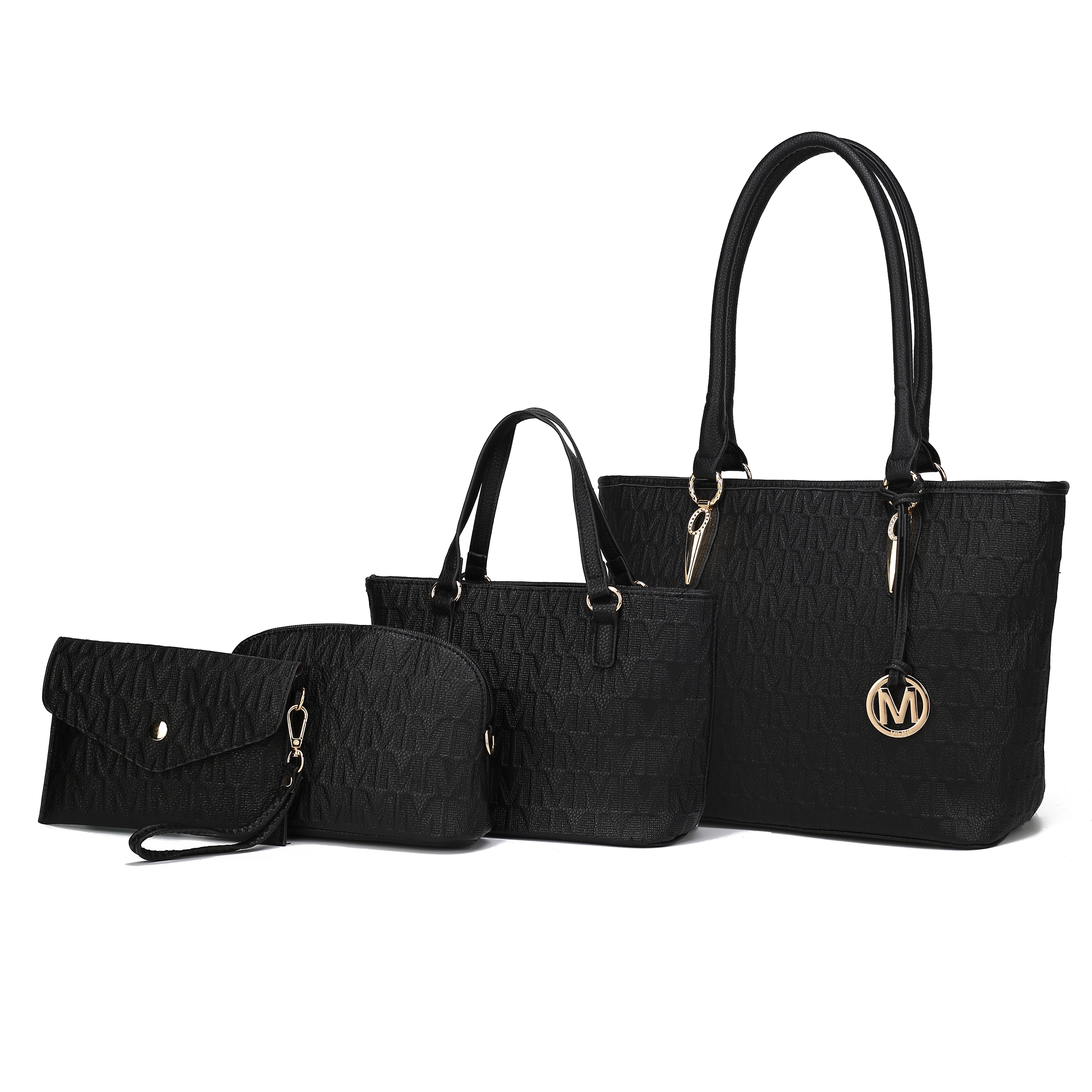 A set of four black handbags featuring a large tote, a smaller handbag, a wristlet clutch, and a cosmetic pouch, all with a textured pattern and gold accents, including an \“M\“ charm.