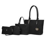 A set of four black handbags featuring a large tote, a smaller handbag, a wristlet clutch, and a cosmetic pouch, all with a textured pattern and gold accents, including an \“M\“ charm.
