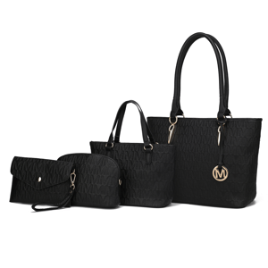 A set of four black handbags featuring a large tote, a smaller handbag, a wristlet clutch, and a cosmetic pouch, all with a textured pattern and gold accents, including an \“M\“ charm.