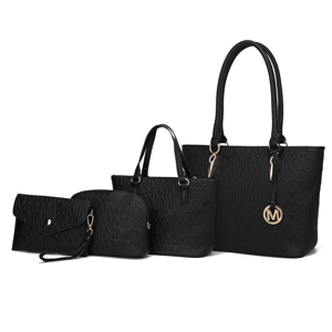 A set of four black handbags featuring a large tote, a smaller handbag, a wristlet clutch, and a cosmetic pouch, all with a textured pattern and gold accents, including an \“M\“ charm.