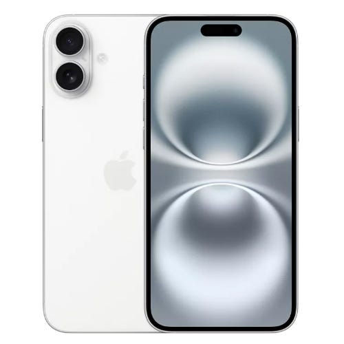 White iPhone 16 Plus with dual rear cameras and a front display featuring a graphic wallpaper, being promoted by Verizon with a trade-in offer.