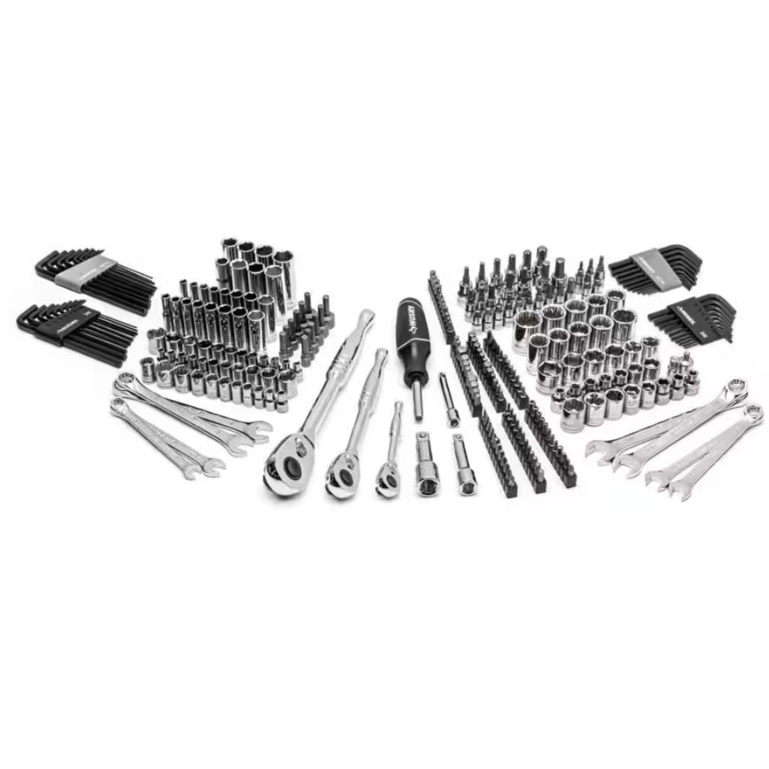 Assorted socket wrench set with various sockets, ratchets, combination wrenches, hex keys, and screwdriver bits.