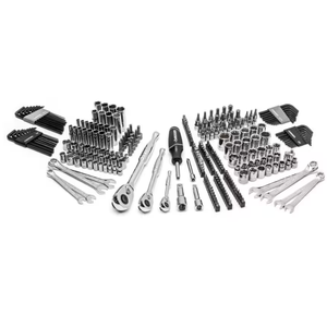 Assorted socket wrench set with various sockets, ratchets, combination wrenches, hex keys, and screwdriver bits.