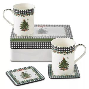 5pc Spode Christmas Mug Set includes two mugs, a metal storage tin, and two coasters. Each item features a festive Christmas tree design with a black checkered border and holly accents.
