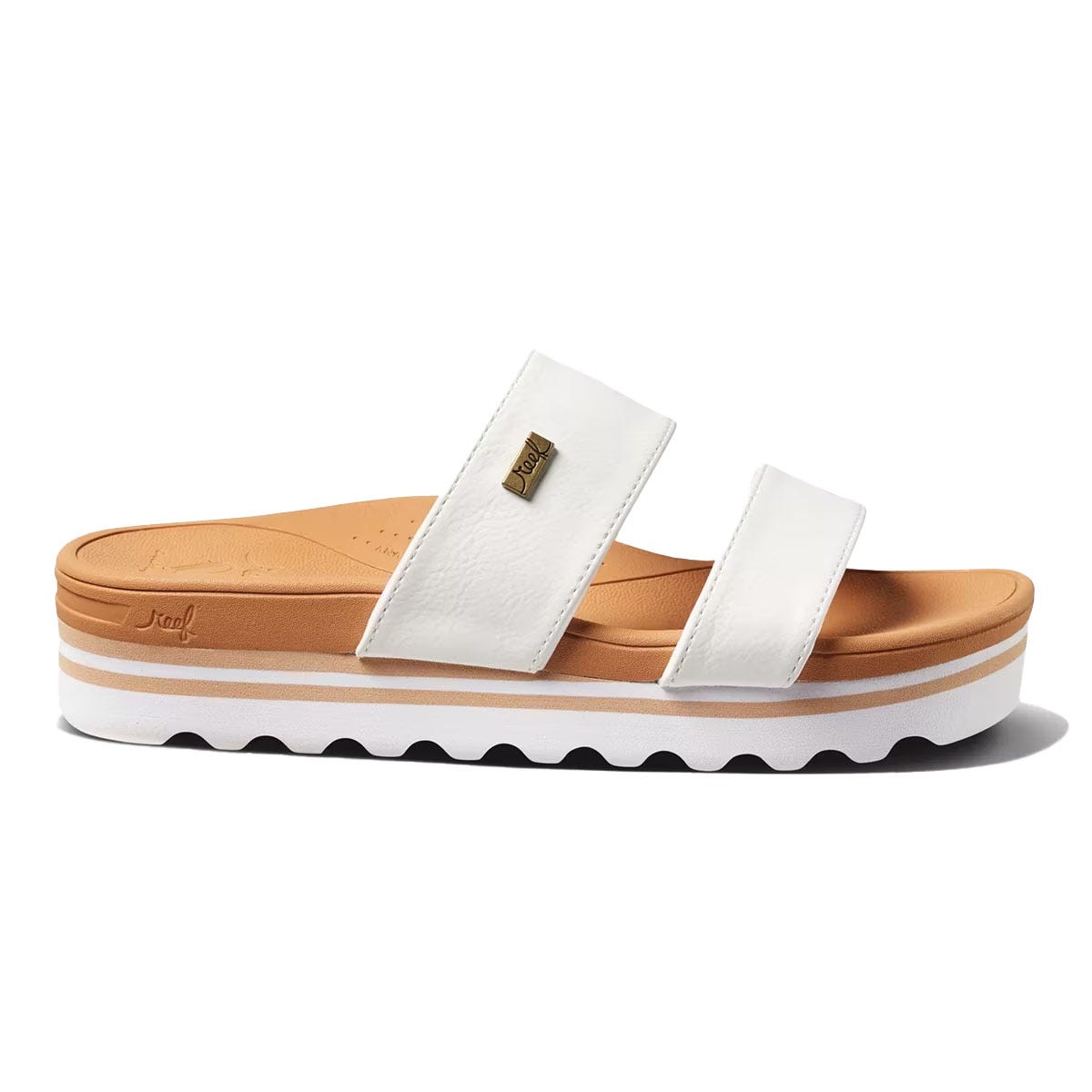 Reef Horizon Slide Sandals feature a dual-strap design in white faux leather, a tan footbed, and a white platform sole with a wavy tread pattern. They have a small metal brand logo on the strap and provide a stylish, casual look.