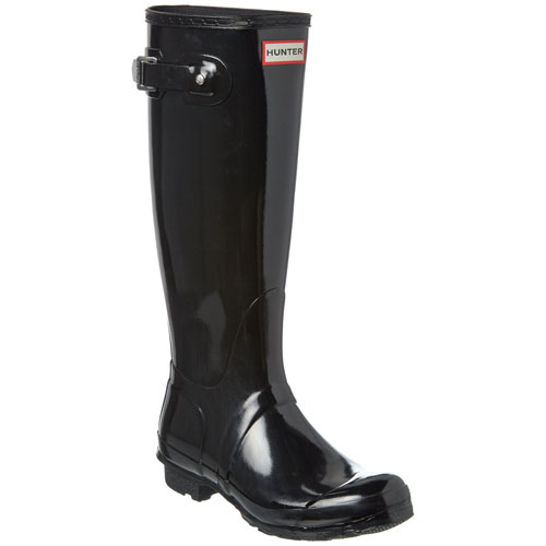 A glossy black knee-high rain boot with a buckle detail and a \“Hunter\“ logo at the top.
