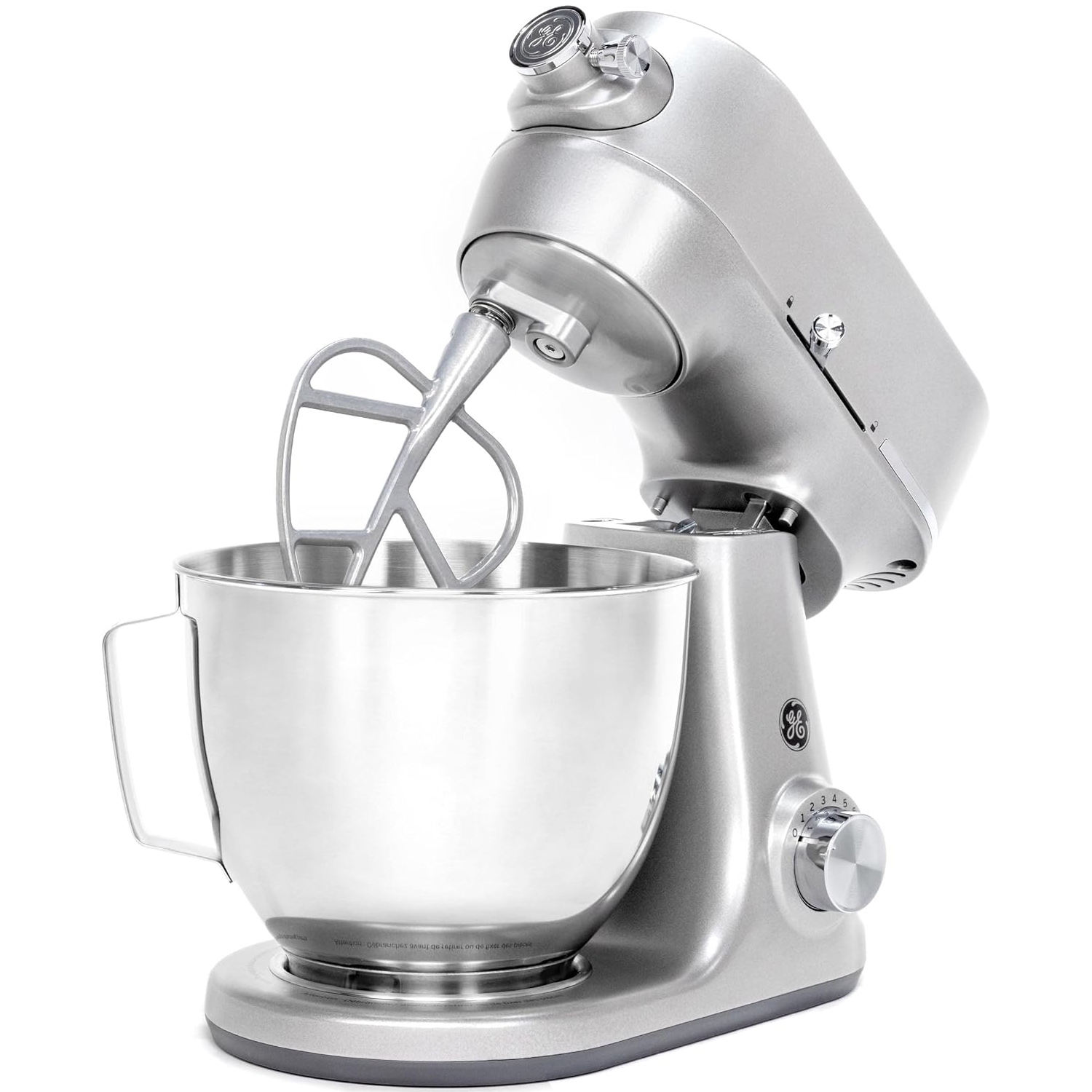 Refurbished GE Stand Mixer in silver with a tilt-head design, featuring a stainless steel mixing bowl and a flat beater attachment. Includes a control knob with variable speed settings.