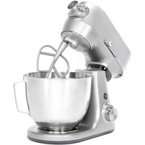 Refurbished GE Stand Mixer in silver with a tilt-head design, featuring a stainless steel mixing bowl and a flat beater attachment. Includes a control knob with variable speed settings.