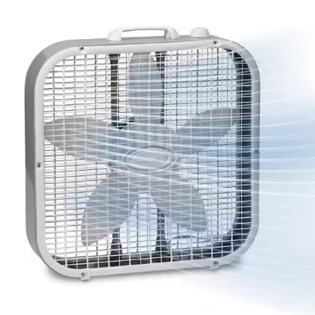 Lasko 20\“ Box Fan features a square, white plastic frame with a handle on top and a grille protecting five wide blades, designed to circulate air efficiently.
