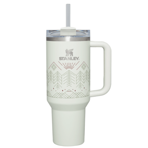Stanley insulated travel mug with a handle, lid, straw, and geometric design.