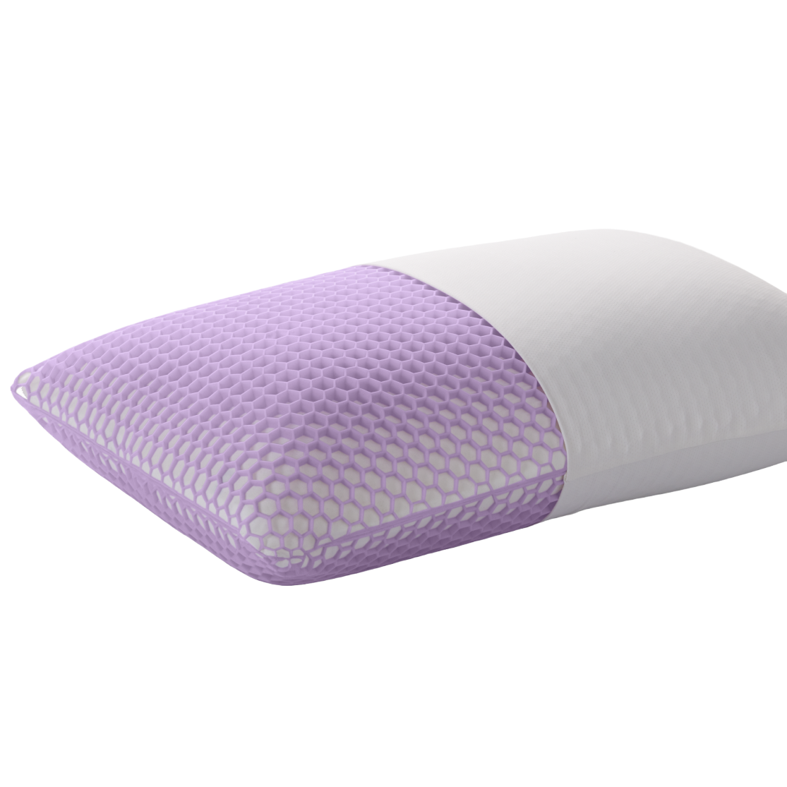 A pillow with a purple honeycomb-patterned section and a white fabric section, offering a modern design.