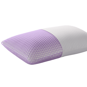 A pillow with a purple honeycomb-patterned section and a white fabric section, offering a modern design.