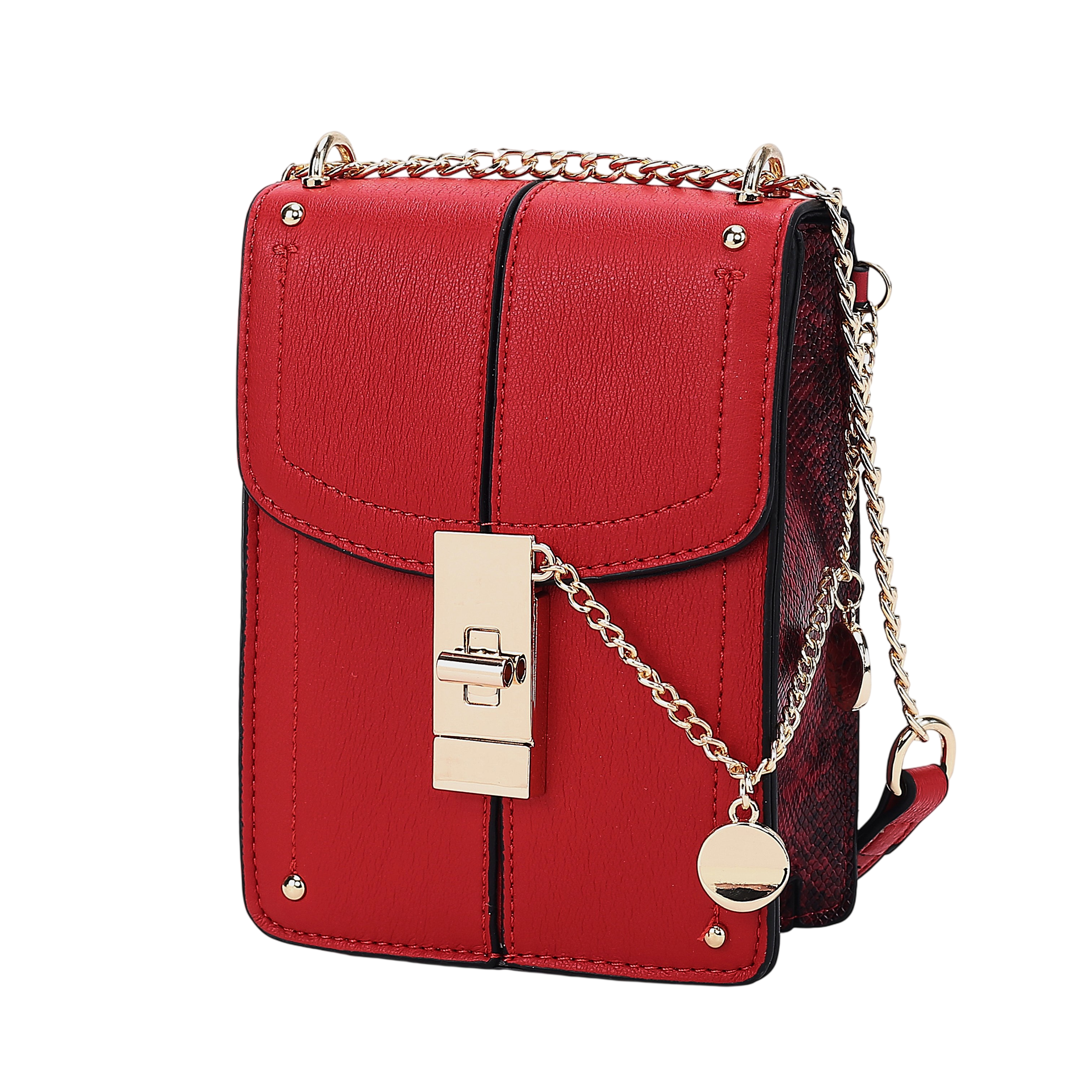 A small red crossbody bag with a gold chain strap and a decorative gold lock. It features a sleek design with black trim and a rounded tag attached to the chain.