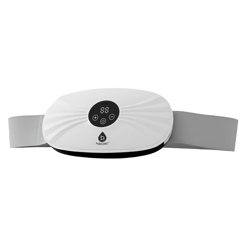 A white electronic slimming belt with a digital display and control buttons, featuring a gray adjustable strap, branded with the logo \“PURSONIC.\“