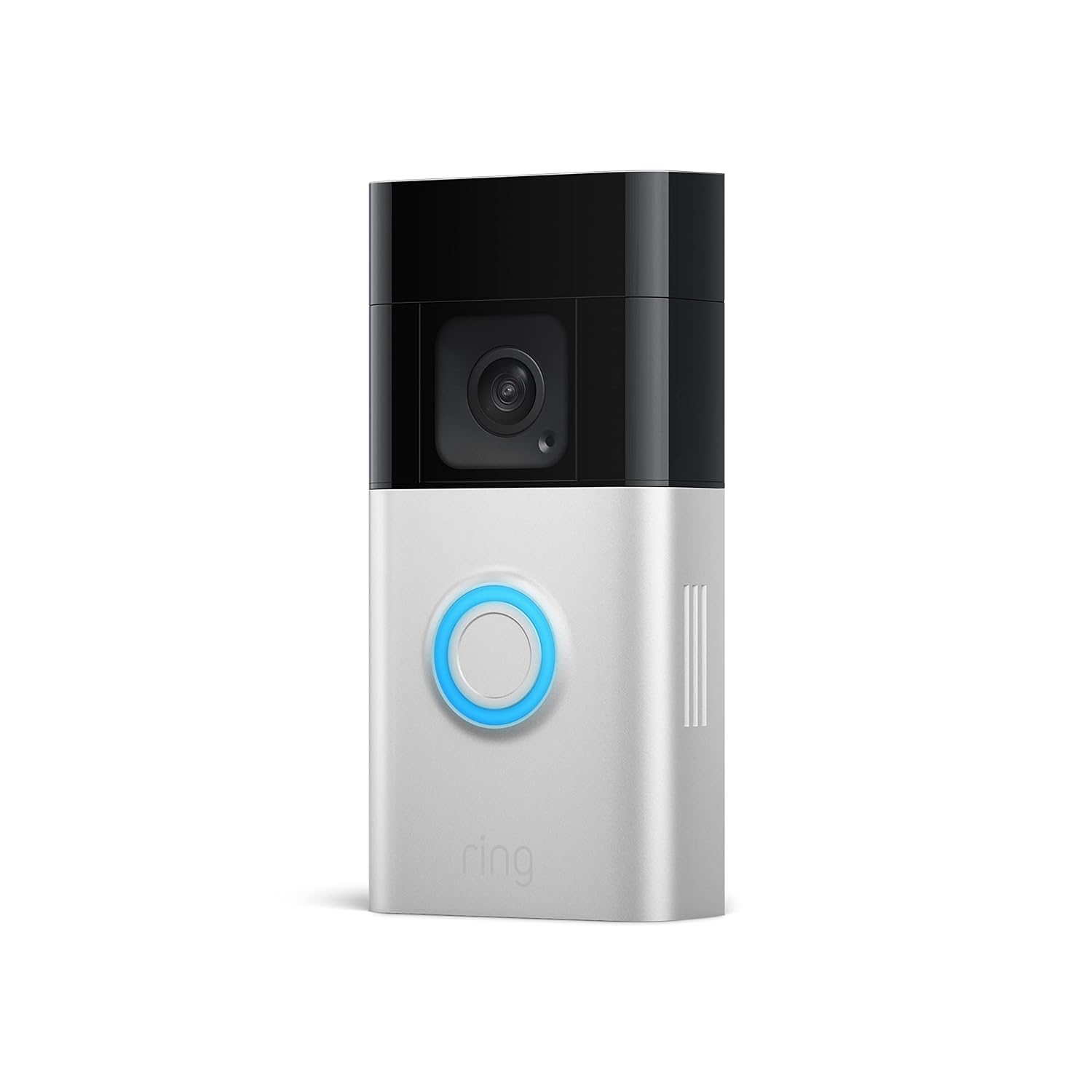 A Ring video doorbell, featuring a camera and a button with an illuminated ring, commonly used for home security and monitoring.