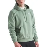 A person is wearing a light green North Face hoodie with a front pocket and drawstrings, paired with dark pants.