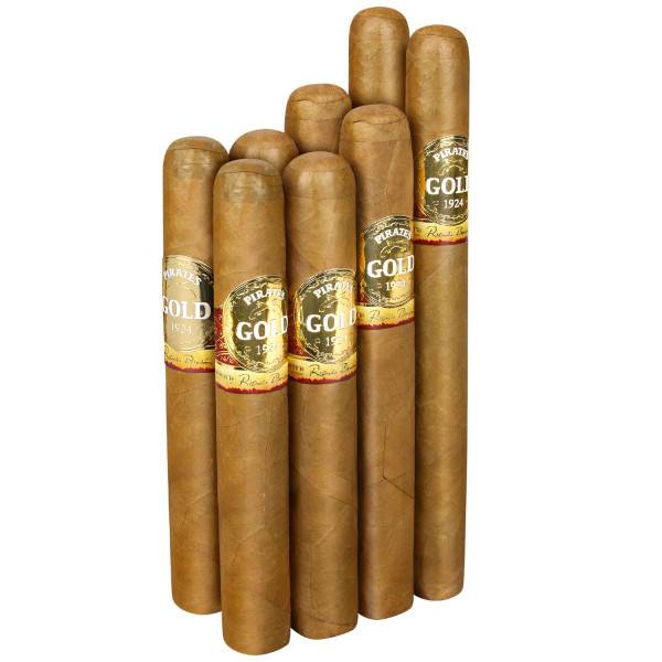 A bundle of cigars with light brown wrappers labeled \“GOLD 1924,\“ featuring gold and red accents on the bands.