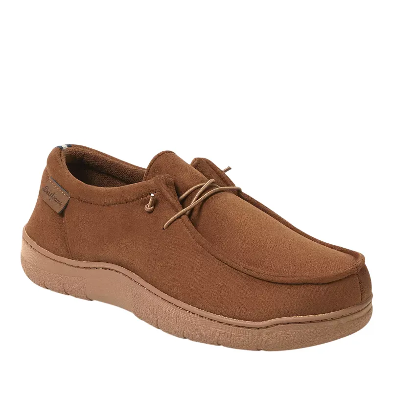 Casual brown loafer with a soft suede-like finish, featuring a low-cut design, lace-up closure, and a cushioned textured sole.