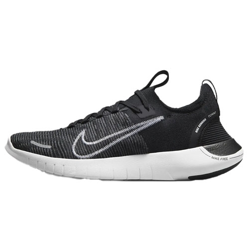 A black and white Nike Free RN running shoe with a white sole and distinctive Nike swoosh on the side.