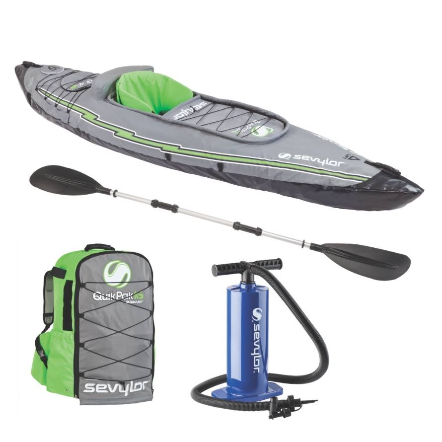 Inflatable kayak set with paddle, backpack, and a manual pump from Sevylor.