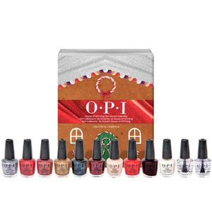 A collection of OPI nail polishes, featuring various colors in small bottles, paired with a gingerbread-themed advent calendar box.