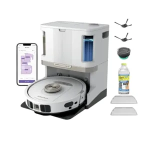 Robot vacuum with docking station, mobile app, two side brushes, extra filter, cleaning solution, and two mop pads.