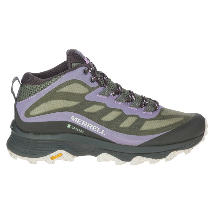 A Merrell hiking boot with GORE-TEX technology, featuring a green and purple color scheme and a Vibram sole.