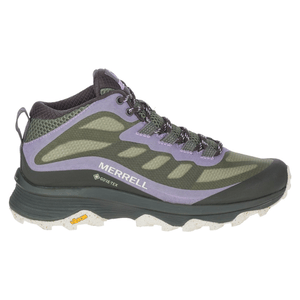 A Merrell hiking boot with GORE-TEX technology, featuring a green and purple color scheme and a Vibram sole.
