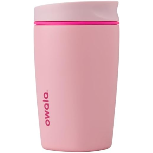 A pink Owala travel mug with a sleek design and a soft lid, featuring the brand name on the side.