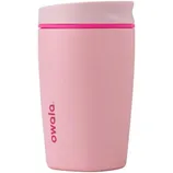 A pink Owala travel mug with a sleek design and a soft lid, featuring the brand name on the side.