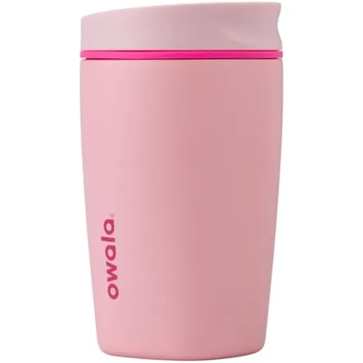 A pink Owala travel mug with a sleek design and a soft lid, featuring the brand name on the side.